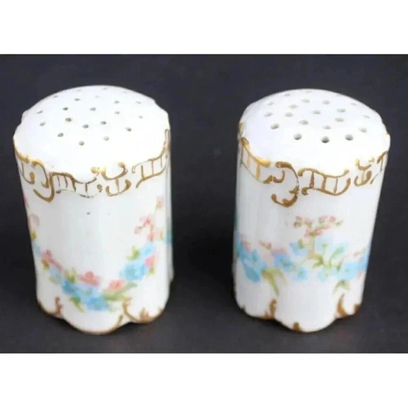 Antique Vtg Victorian Ornate Flowers W/ Gold Trim Salt N Pepper Shakers Stamped - Picture 2 of 4